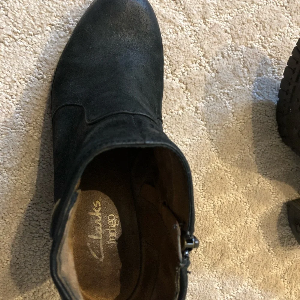Clarks Black Nubuck Short Booties with Stacked Heel